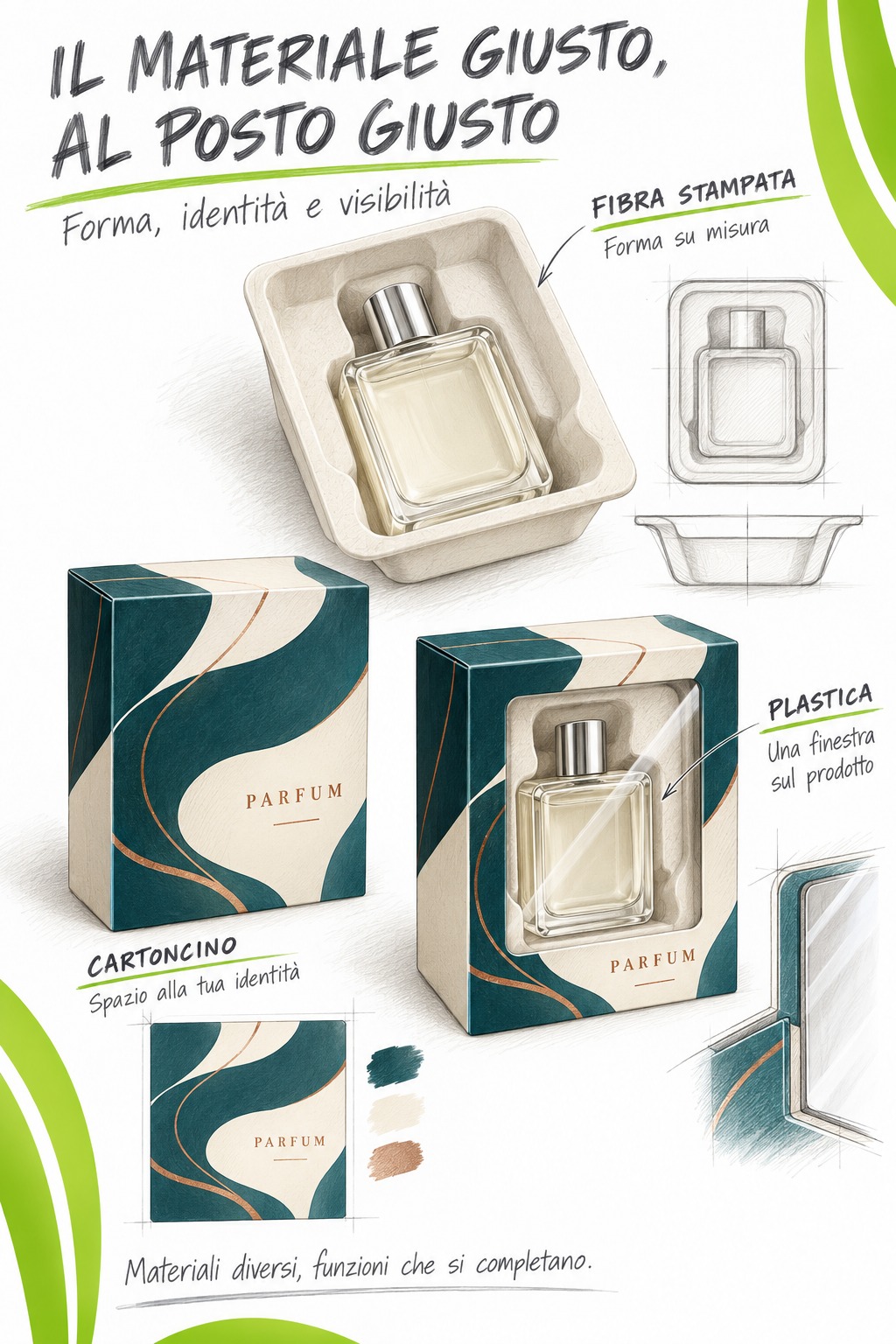 Illustrazione di un packaging per profumo con inserto in fibra stampata, astuccio in cartoncino e finestra trasparente in plastica